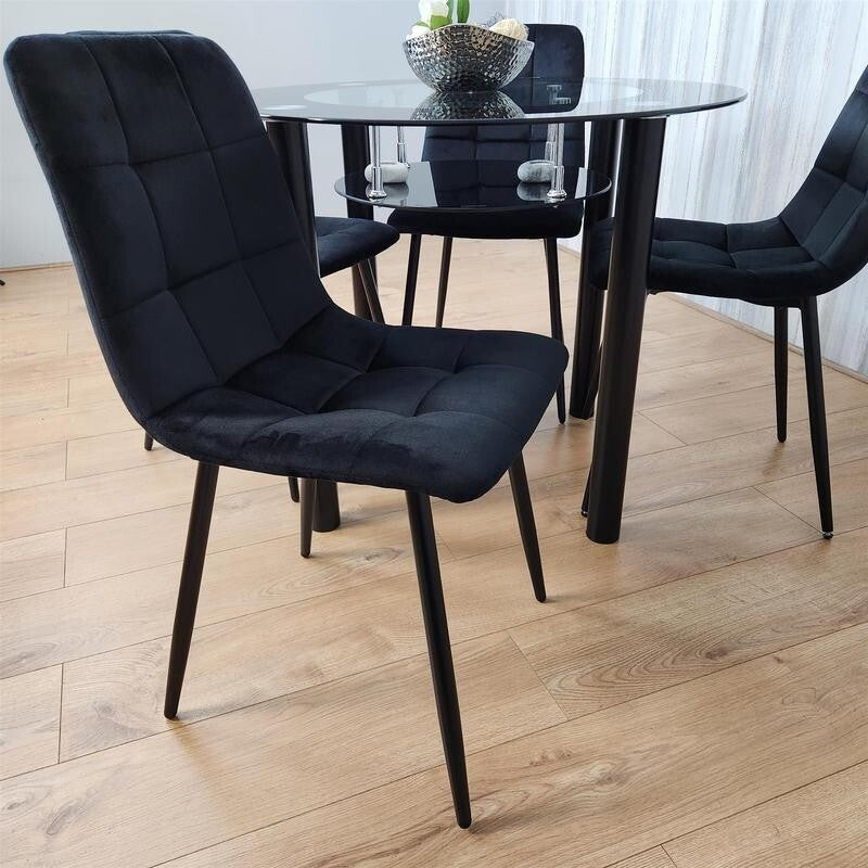Round Black Glass Dining Table Set with 4 Tufted Chairs Modern Kitchen