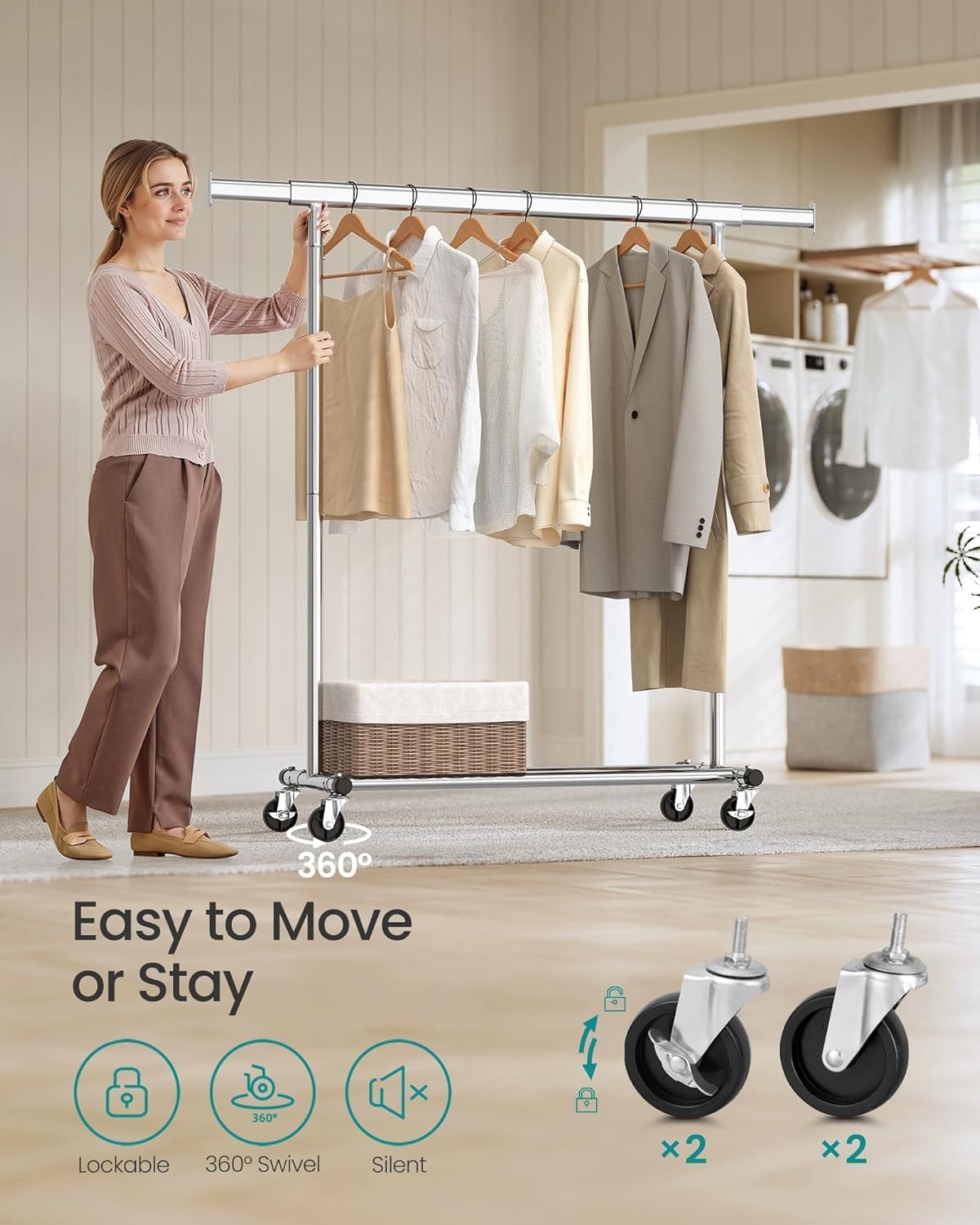 Heavy Duty Clothes Rack 100KG Extendable Rail Silver Wheels