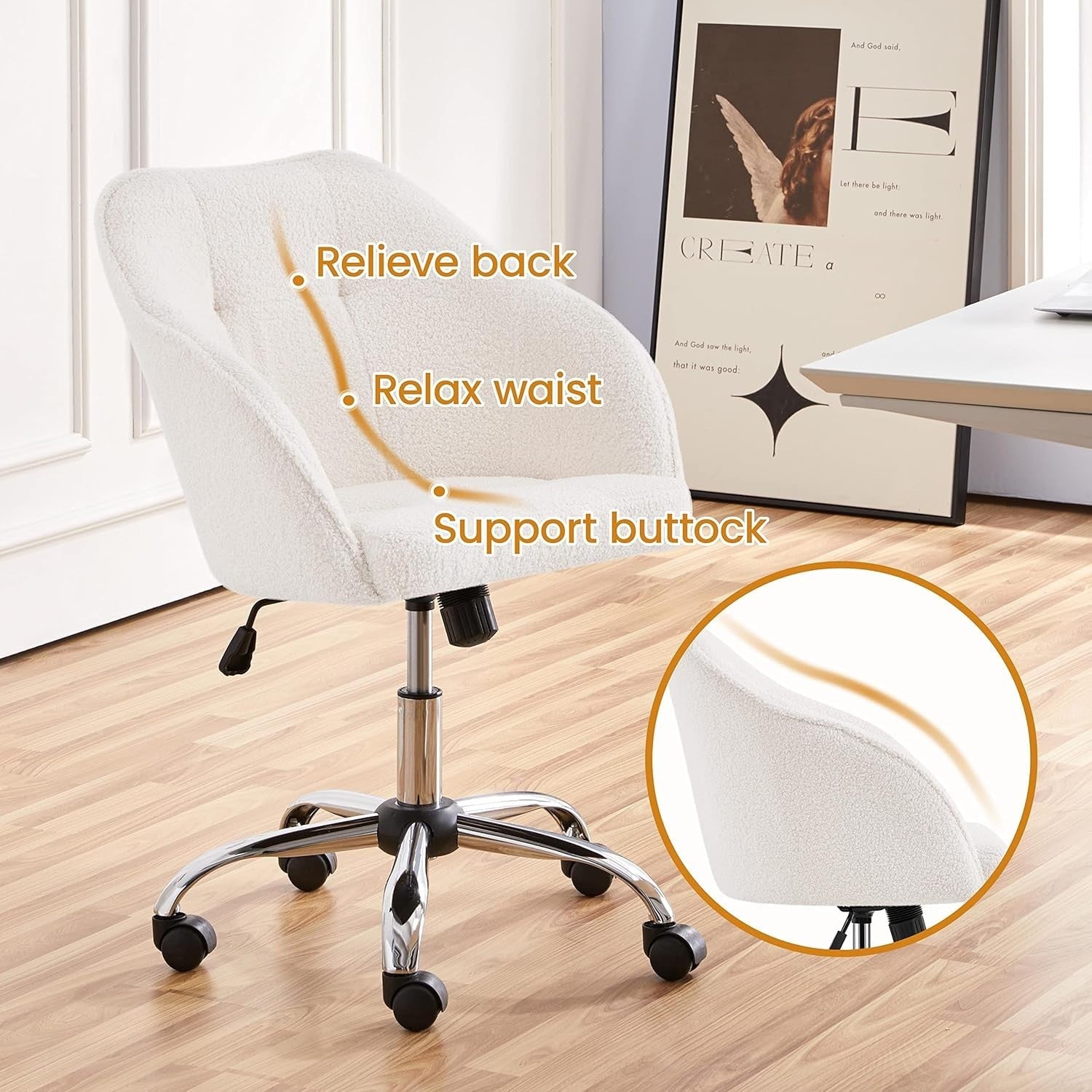 Boucle Office Desk Chair Adjustable Height Swivel Armchair Ivory Home Office Fur