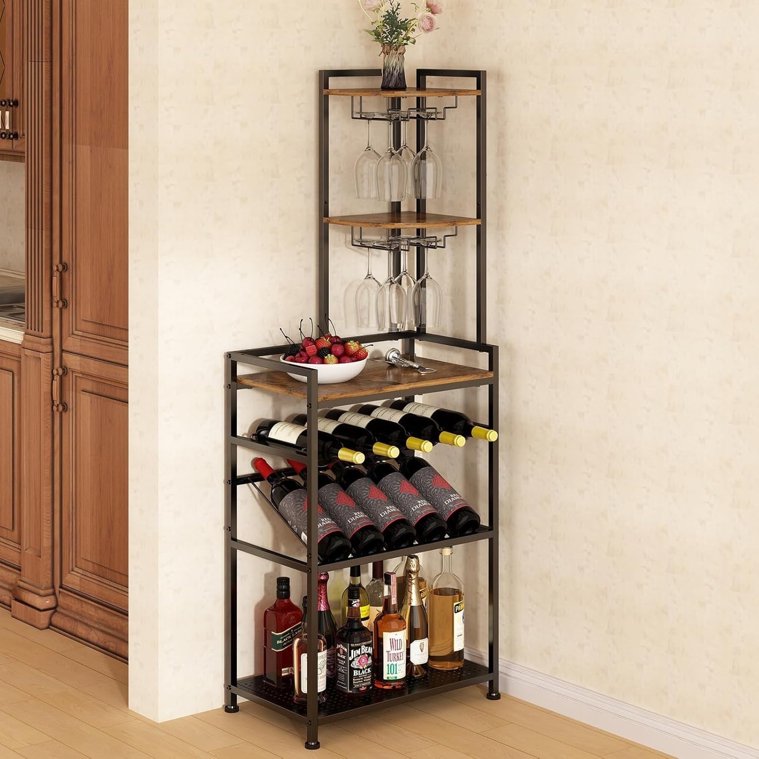 Corner Wine Rack Freestanding Bar Cabinet 6-Tier Bottle & Glass Holder