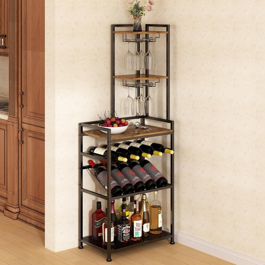 Corner Wine Rack Freestanding Bar Cabinet 6-Tier Bottle & Glass Holder