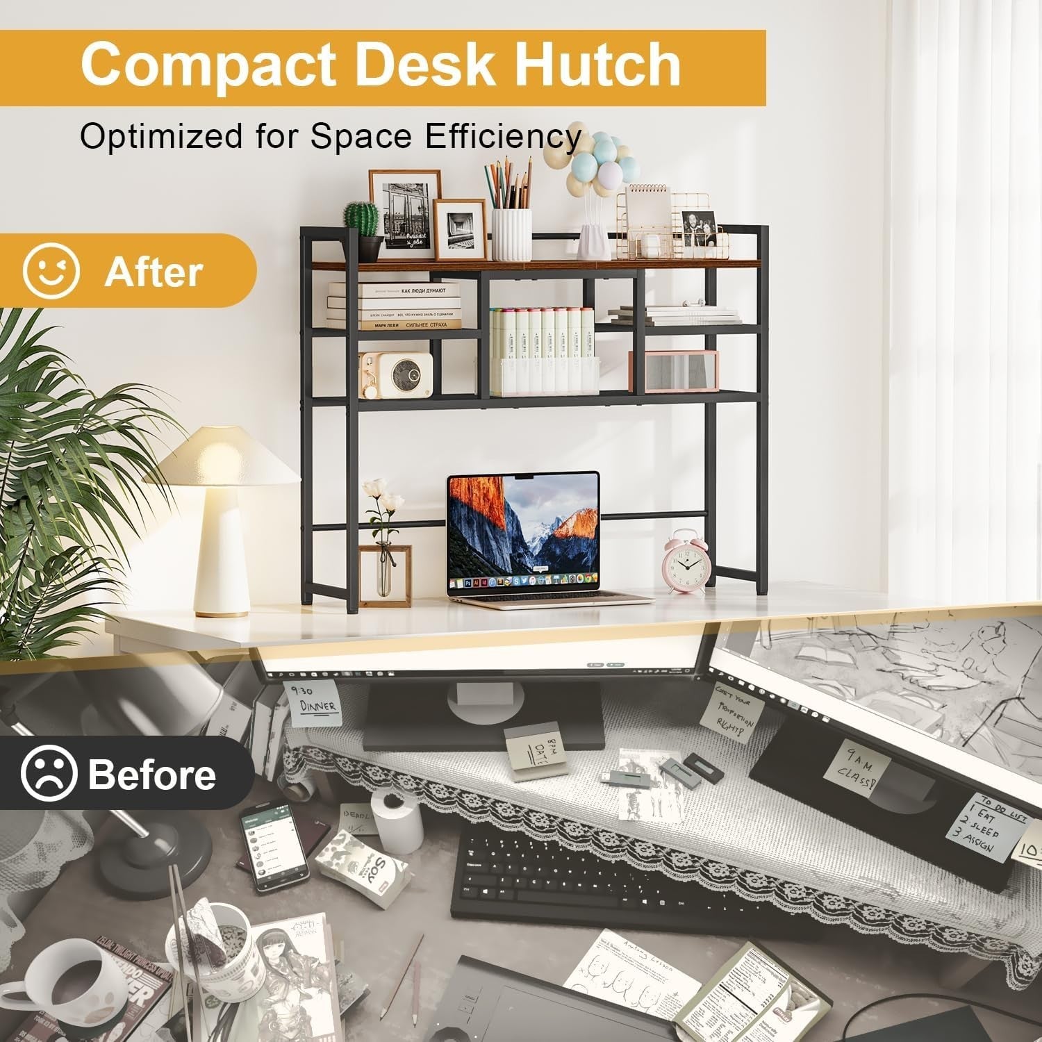 Rustic Desk Hutch Shelf 5-Tier 38.6" Desktop Bookshelf Organizer Storage Rack