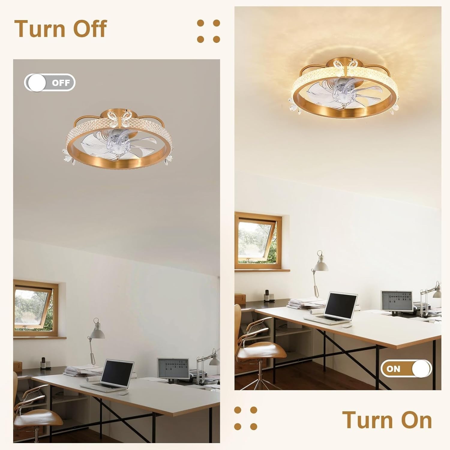 19" Gold Caged Ceiling Fan with Light, Crystal, Remote, 6-Speed