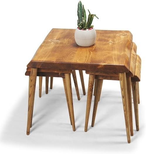Teak Wood Nesting Side Table Set Mid-Century Modern Coffee End Plant Stand