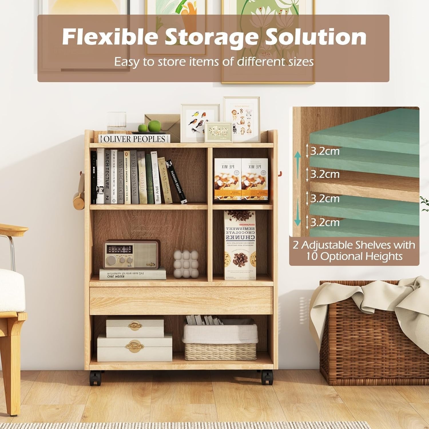 Mobile Bedside Table with Drawer & Shelves | Natural Wood Side Table on Wheels