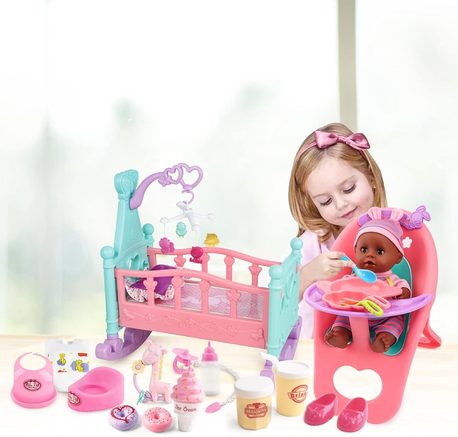 12 Inch Baby Doll Playset 21pcs w Crib High Chair Feeding Toys