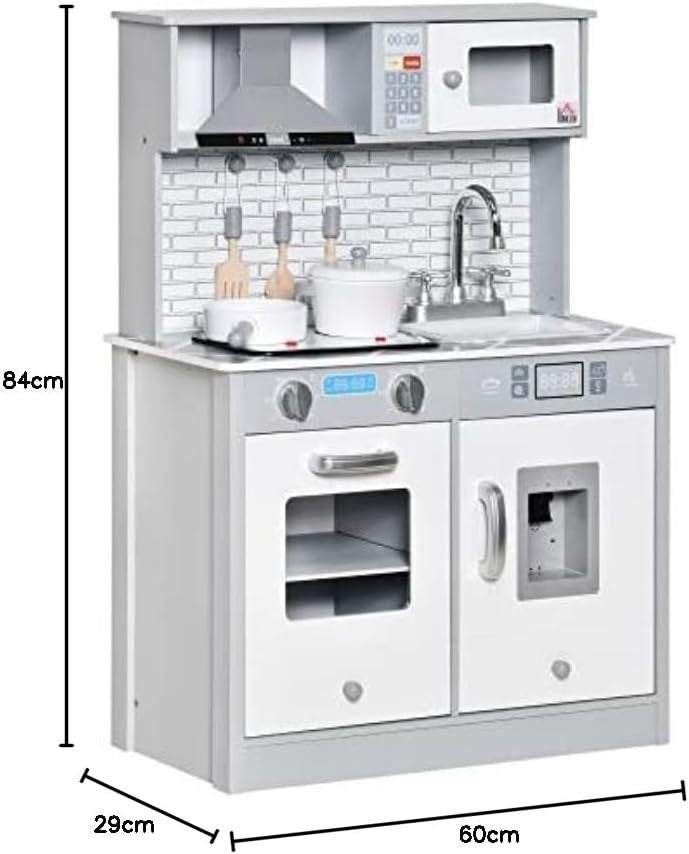 Kids Wooden Play Kitchen Lights Sounds Ice Maker Grey Toy Set