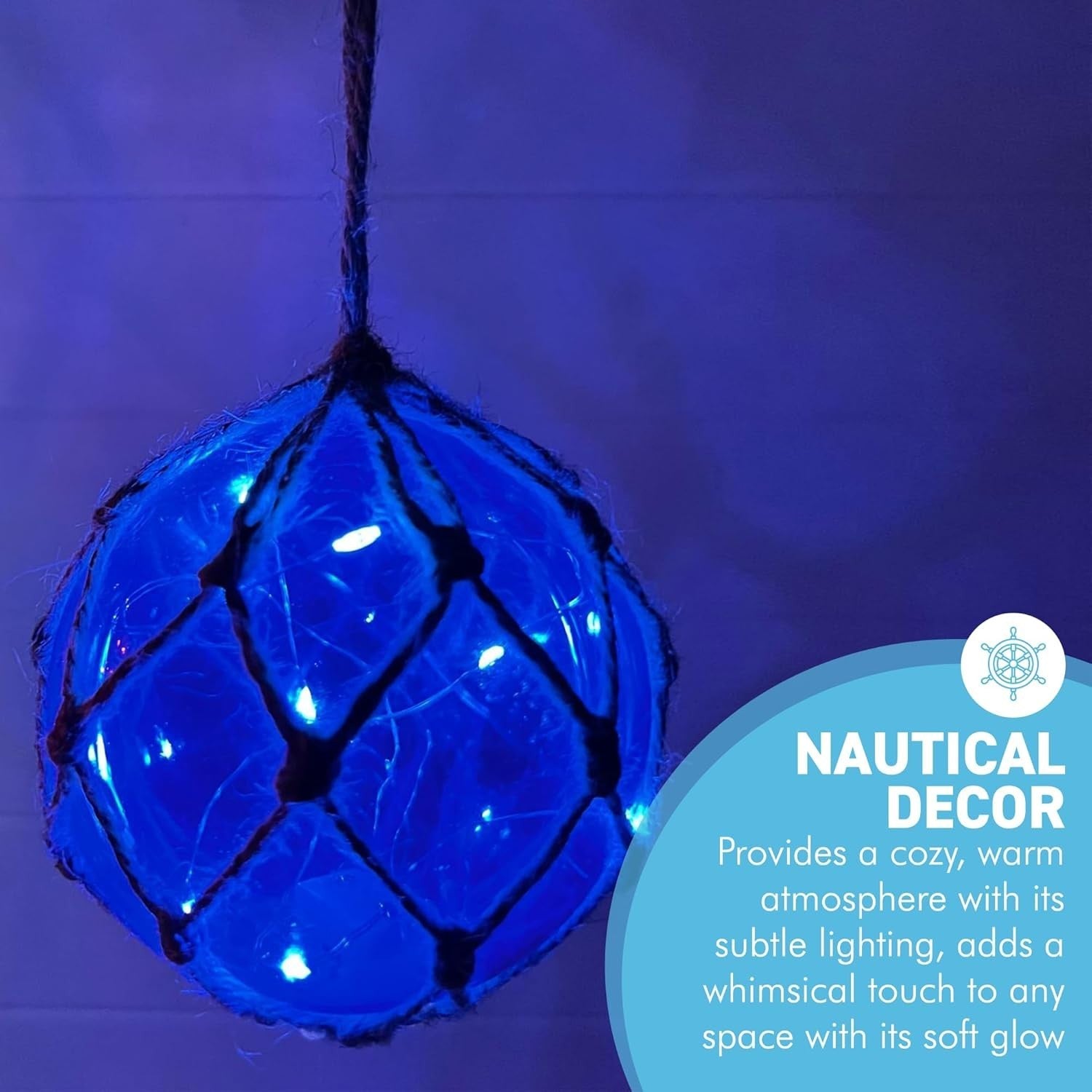 Blue Glass Fishing Buoy Light LED Nautical Hanging Decor Coastal Tiki Bar Lamp