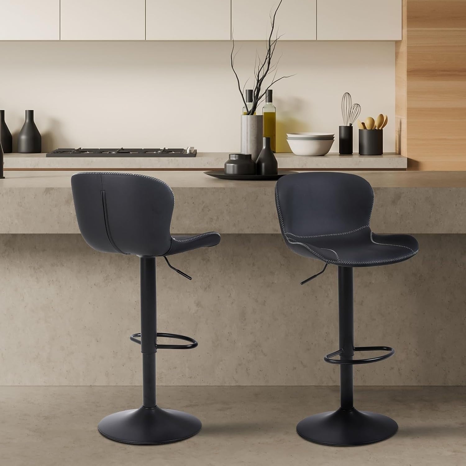 Black PU Leather Bar Stools Set of 4 | Adjustable Swivel Counter Chair