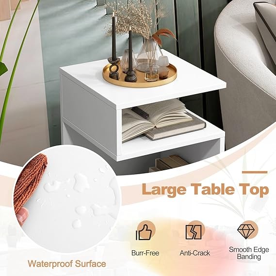 S-Shaped Side Table Set of 2 Modern Narrow Bedside Tables with Storage Shelves