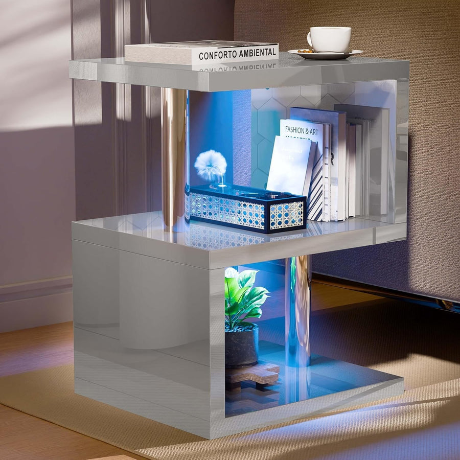 Grey Modern S-Shaped LED Side Table with RGB Lights & Storage Shelves 44x38x57cm