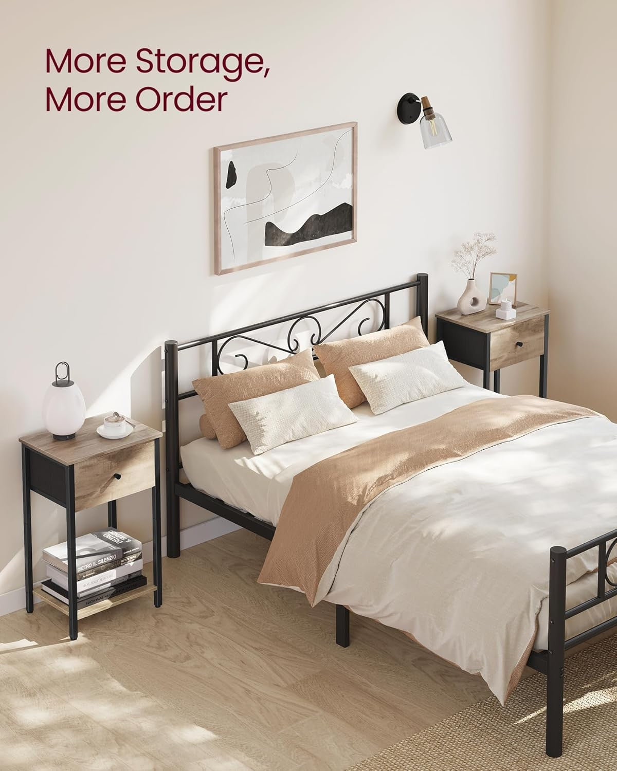 Tall Oak Bedside Table with Drawer & Shelf, Modern 24-Inch Nightstand Storage