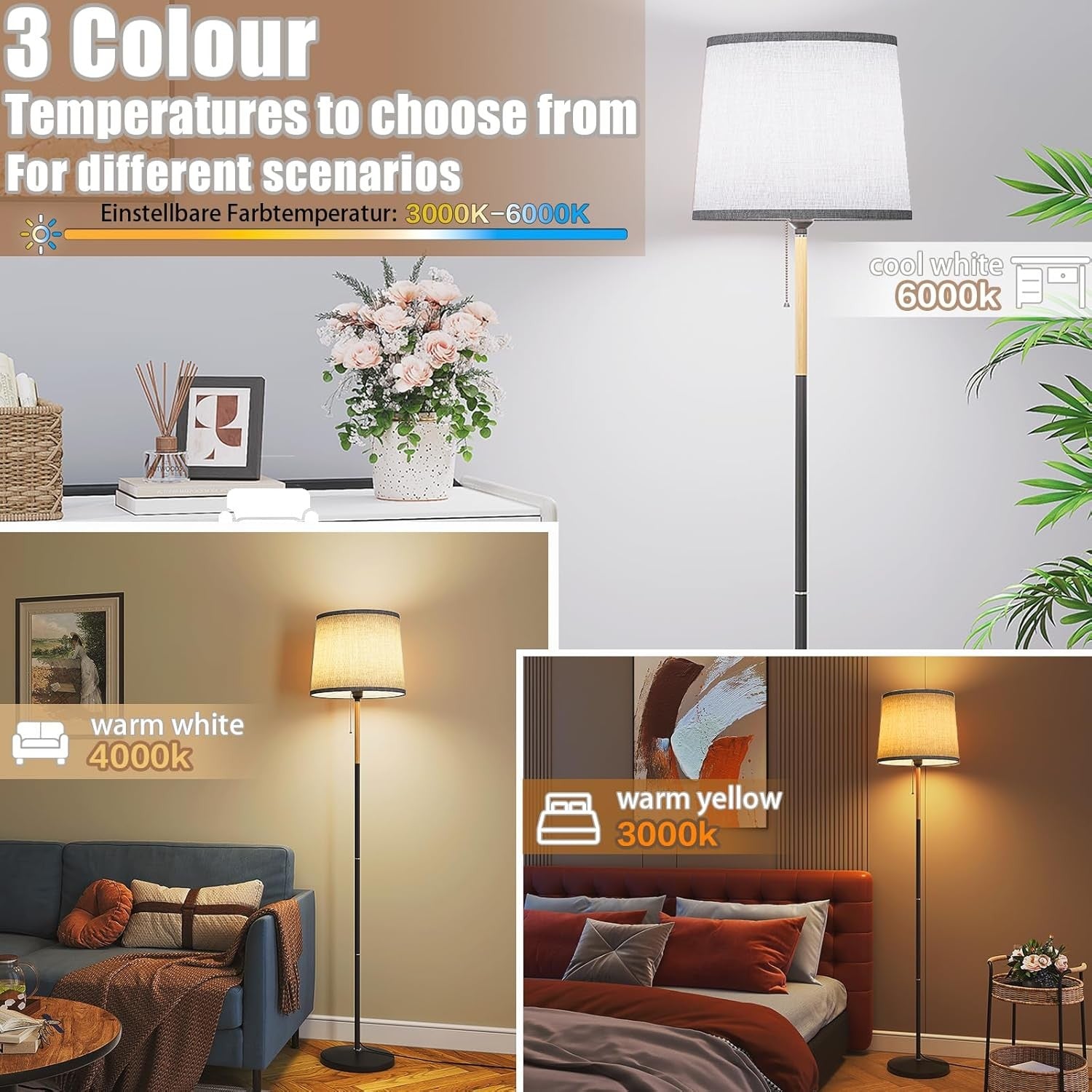 Floor Lamp Linen Shade Remote Control Dimmable Tall Standing Light Grey