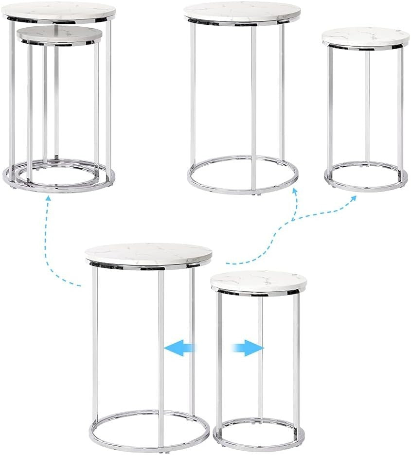 Space Saving Nesting End Tables Set of 2 Round Silver Metal Frame