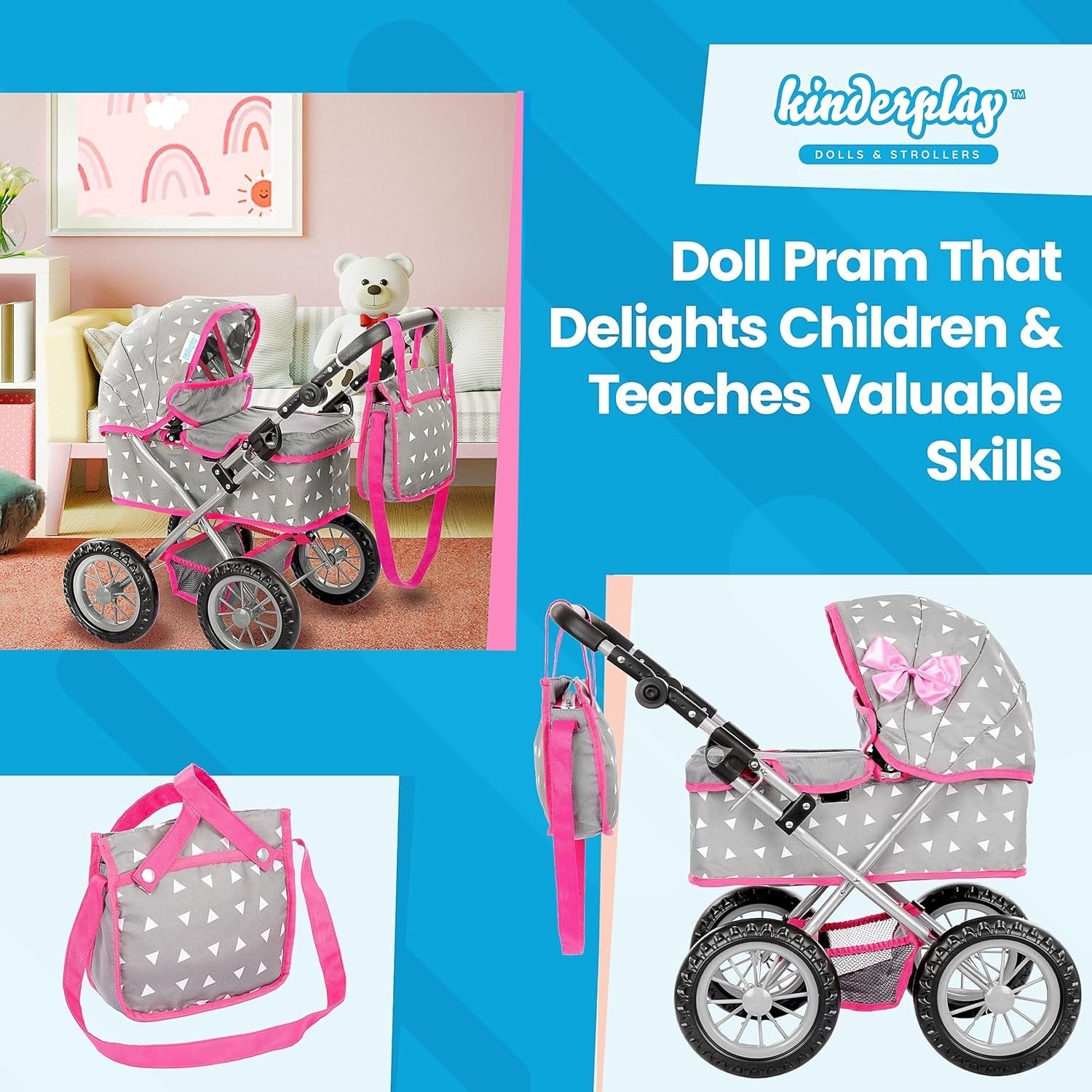 Dolls Pram Toy Pushchair Buggy Adjustable Handle 33-63cm Kids