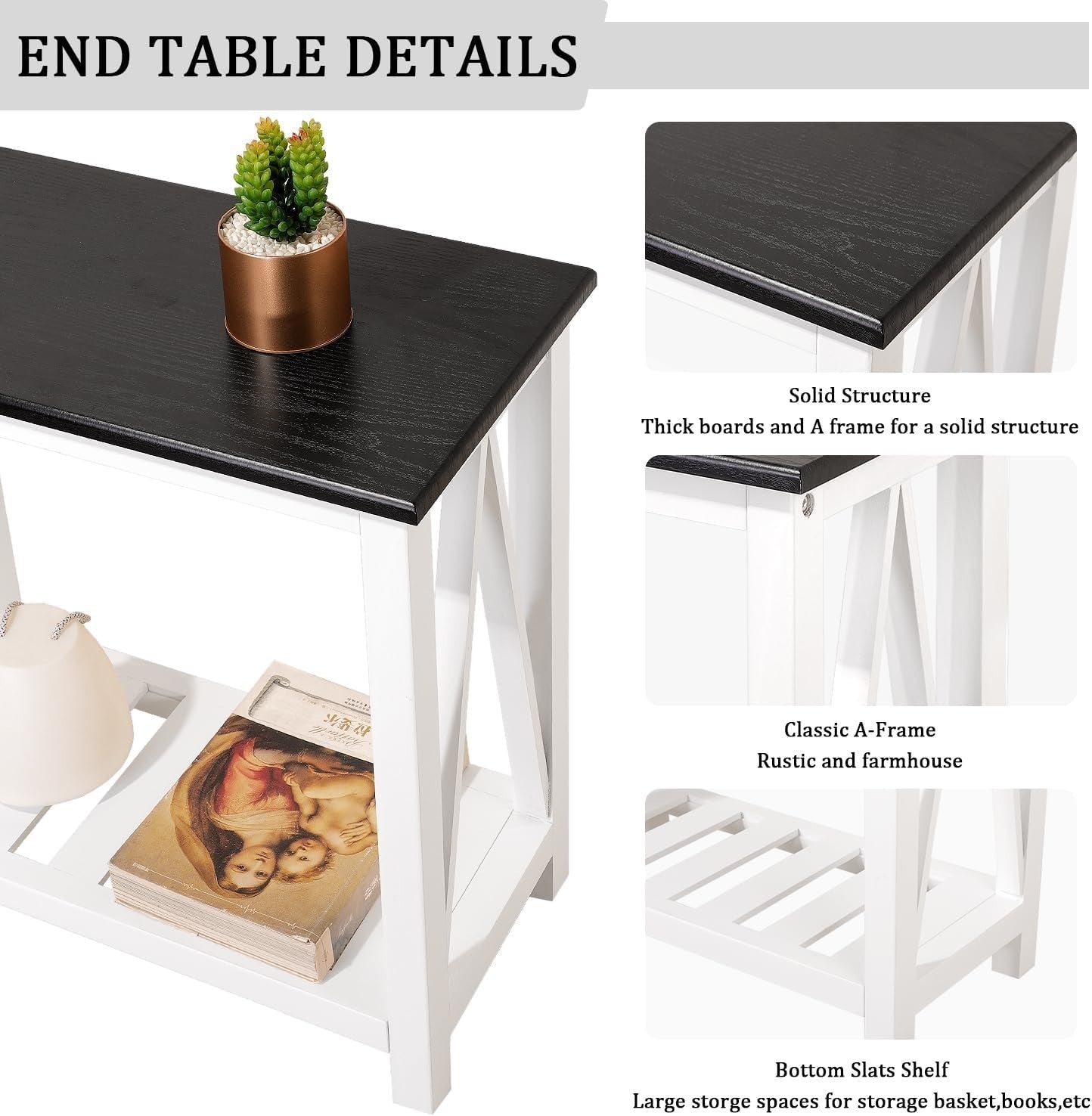 Narrow Black & White Side Table with Storage Shelf, Rustic Nightstand