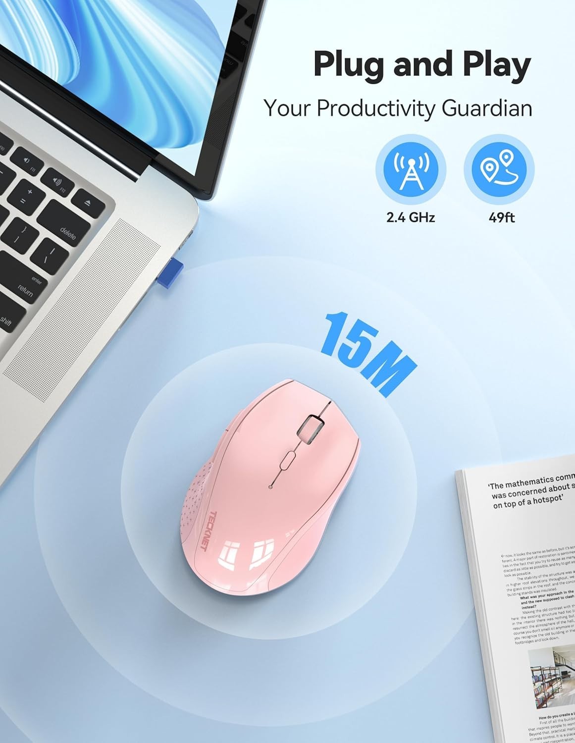Pink Rechargeable Wireless Mouse 6400 DPI Silent Ergonomic USB for Laptop PC