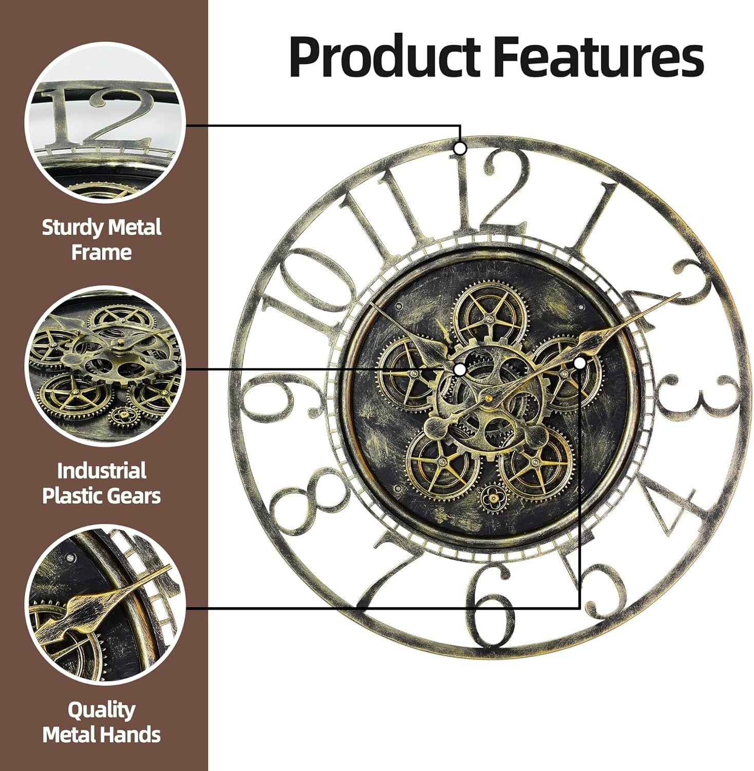 Large Industrial Steampunk Wall Clock with Moving Gears | Vintage Bronze 24"