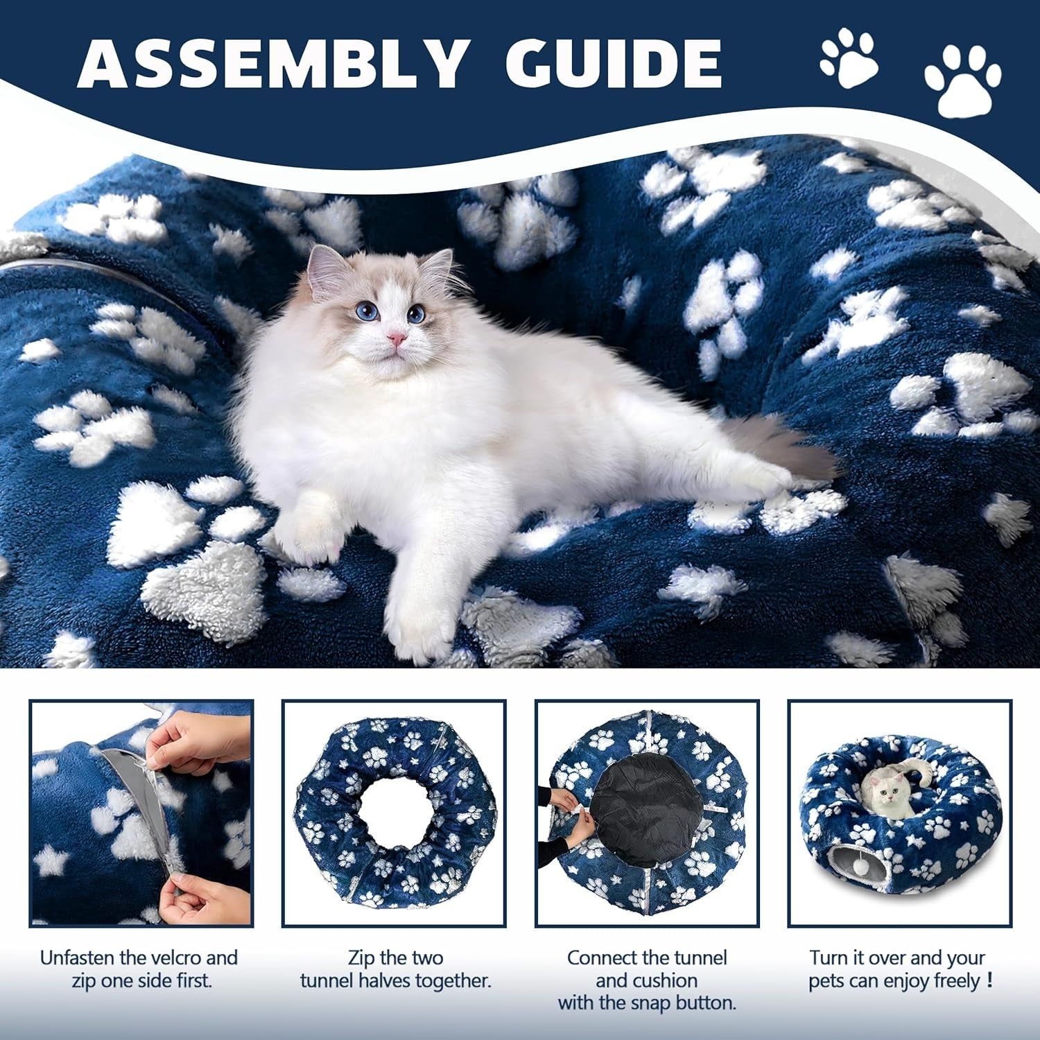 Cat Donut Tunnel Bed Peekaboo Cave w Cushion & Hanging Ball Navy