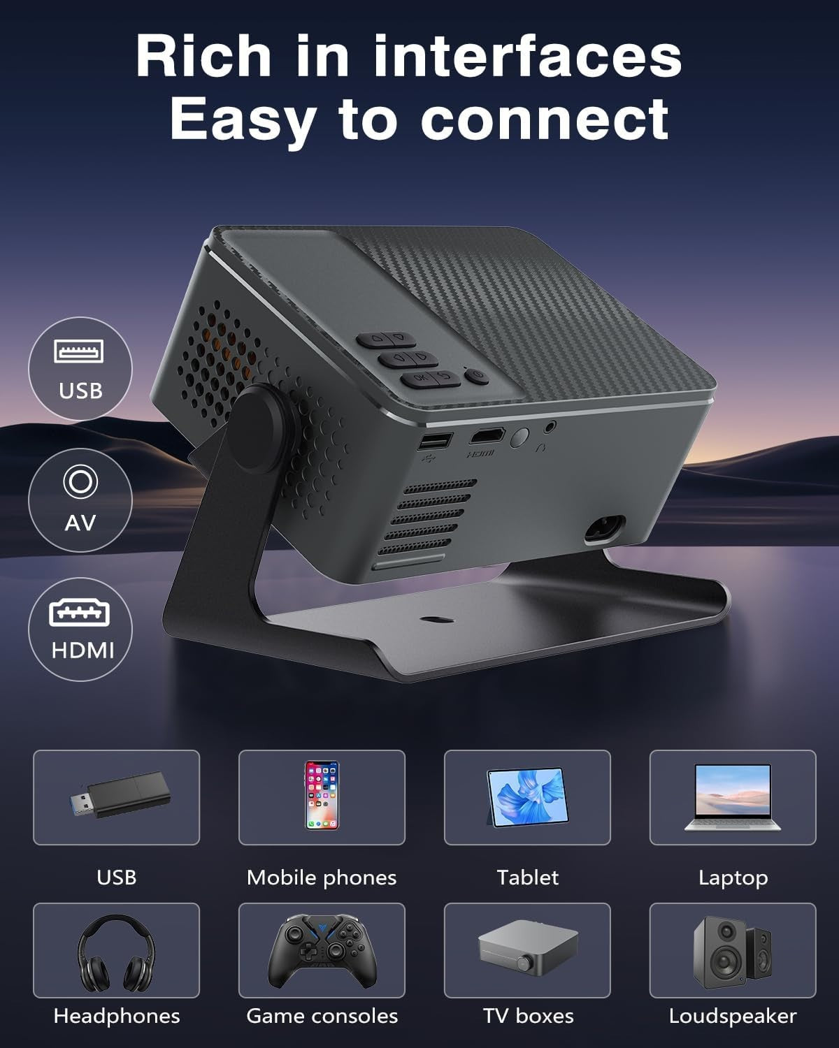 Mini Smart Projector Android 13 WiFi Bluetooth 4K Support 180° Rotate