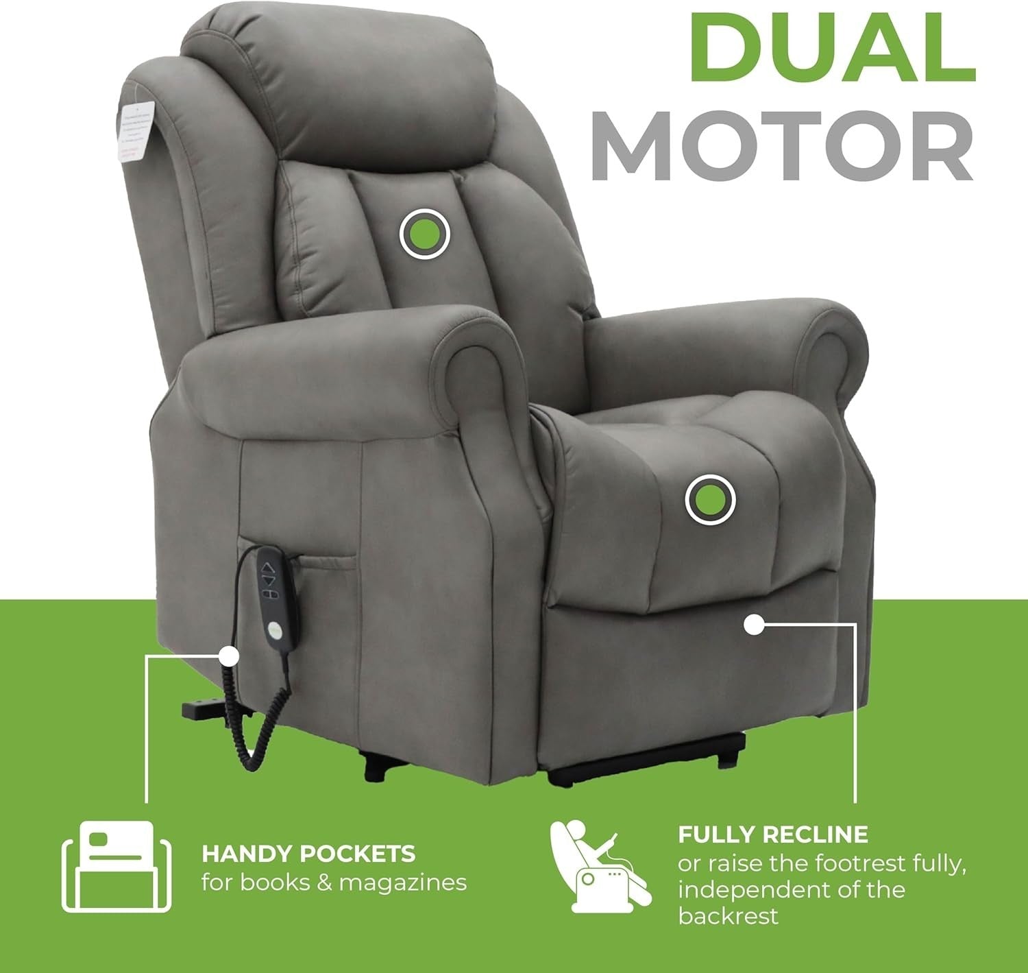 Dual Motor Lift Recliner Chair Heat Massage Leather Riser Mobility Support Grey