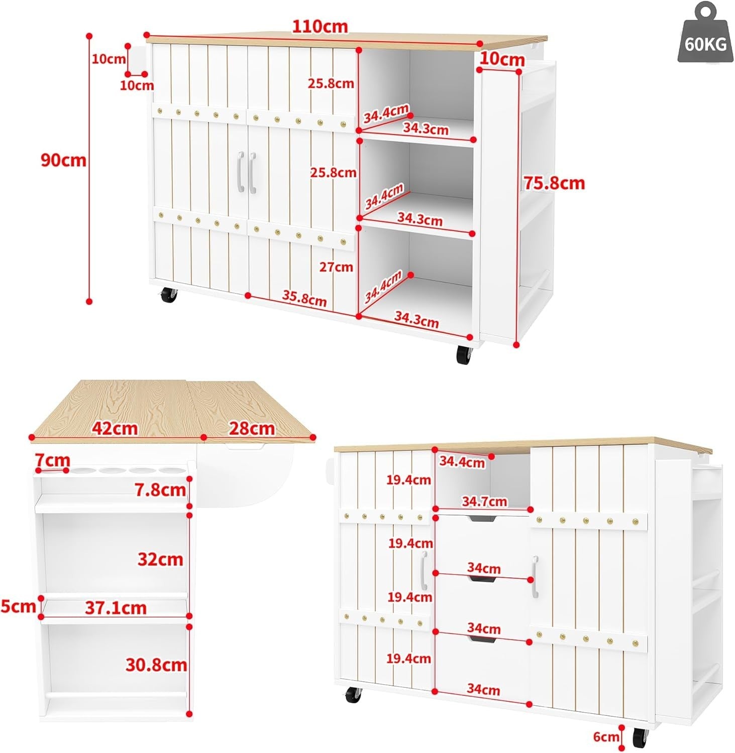 White Rolling Kitchen Island Foldable Worktop Cart