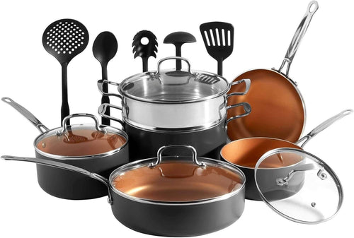 11Pcs Black Non-Stick Saucepan and Frying Pan Set with Glass Lids & Utensils