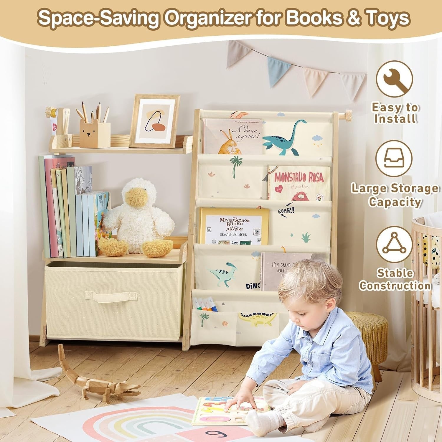 Dinosaur Kids Bookcase & Toy Storage – 4-Tier Wooden Montessori Shelf Unit