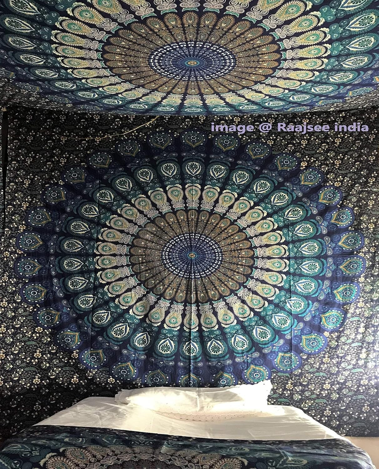 Blue Floral Mandala Tapestry 84x92in Queen Boho Wall Hanging Cotton