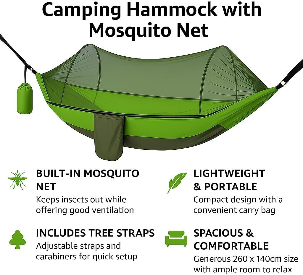Lightweight Camping Hammock with Mosquito Net 260x140 cm + Tree Straps