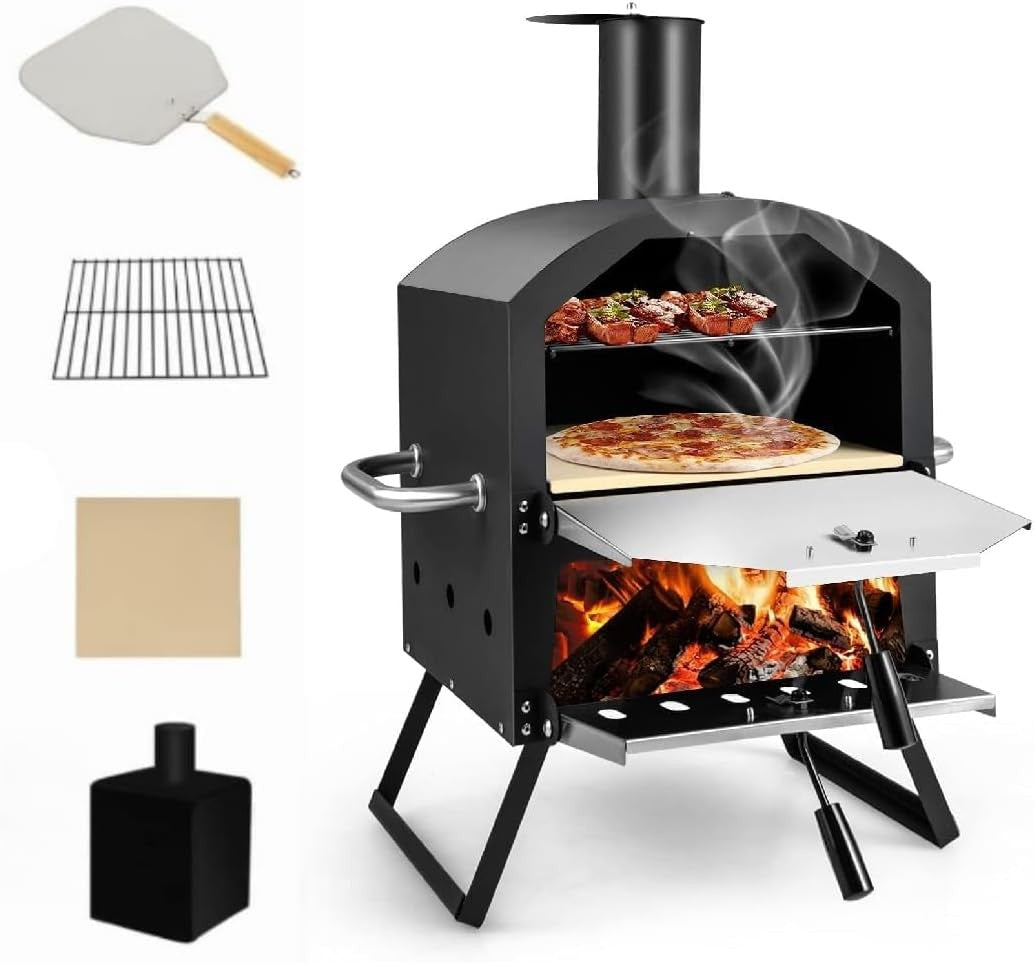 Wood Fired Outdoor Pizza Oven 2-Layer Stone BBQ Cooker with Cover & Peel