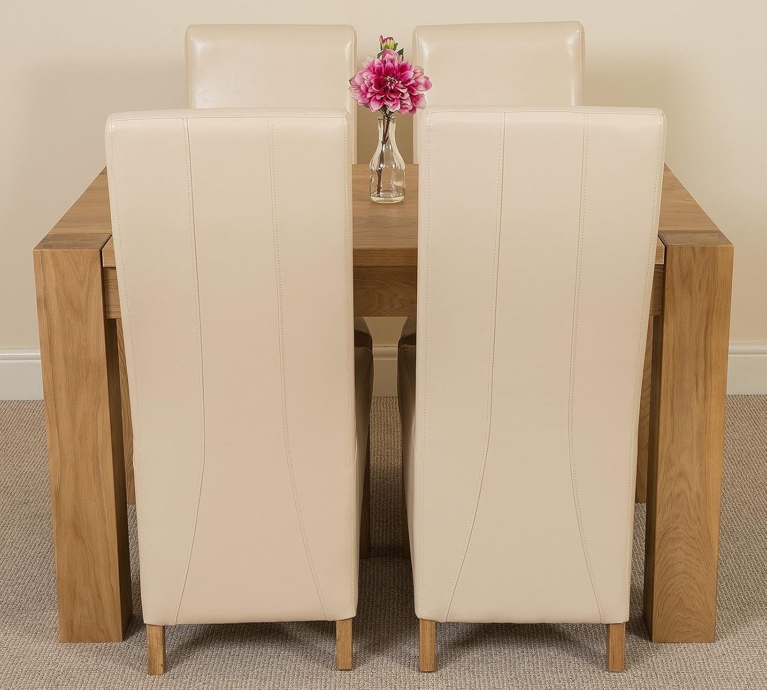 Solid Oak Small Dining Table Set 4 Ivory Leather Chairs Compact 125x80cm