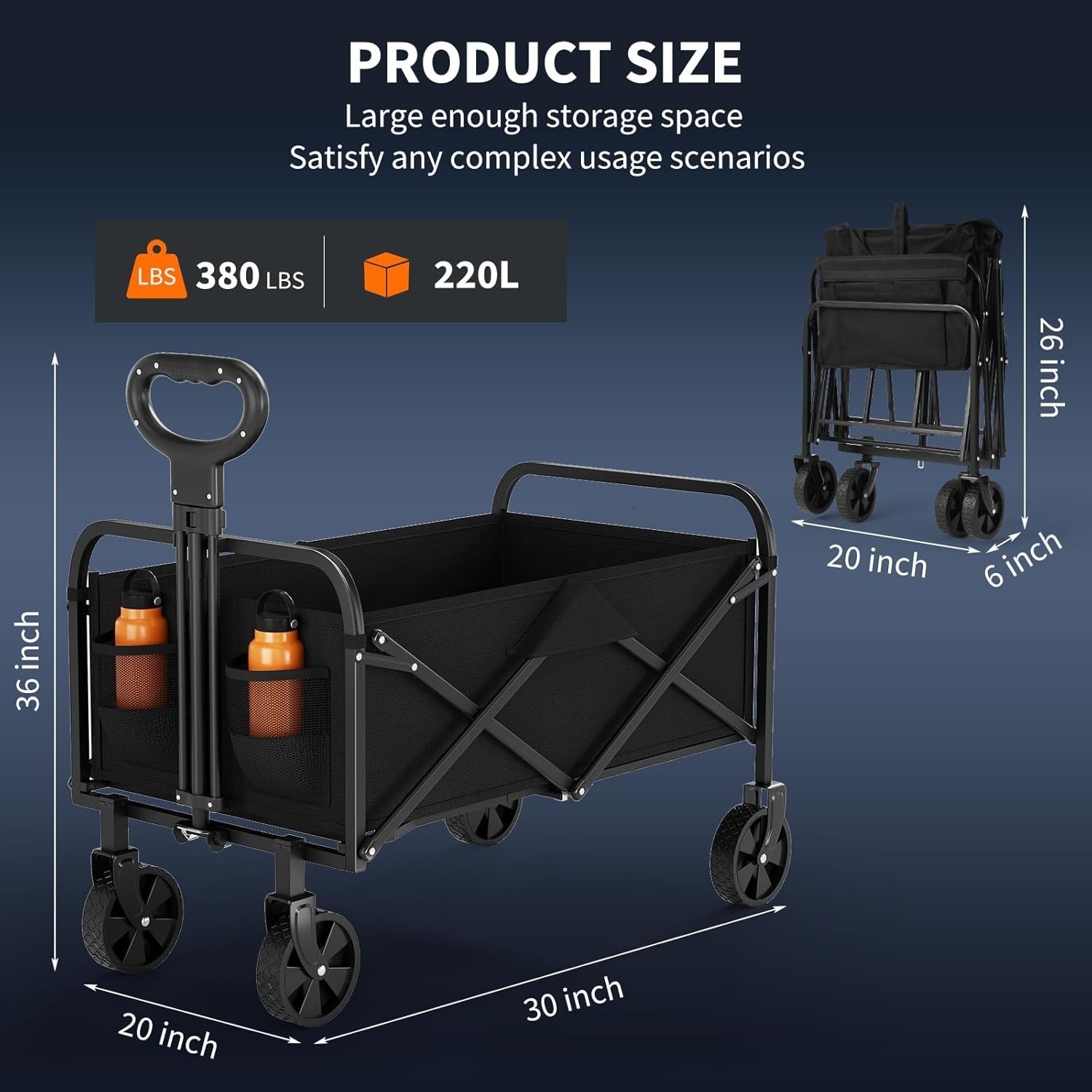 220L Folding Festival Wagon Heavy Duty Cart 172kg Load All Terrain Wheels Black