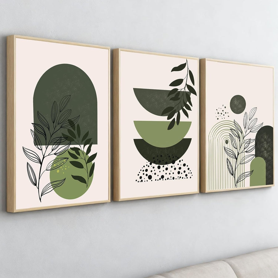 Sage Green Abstract Wall Art Set of 3 Framed Prints 12x16 Boho Home Decor
