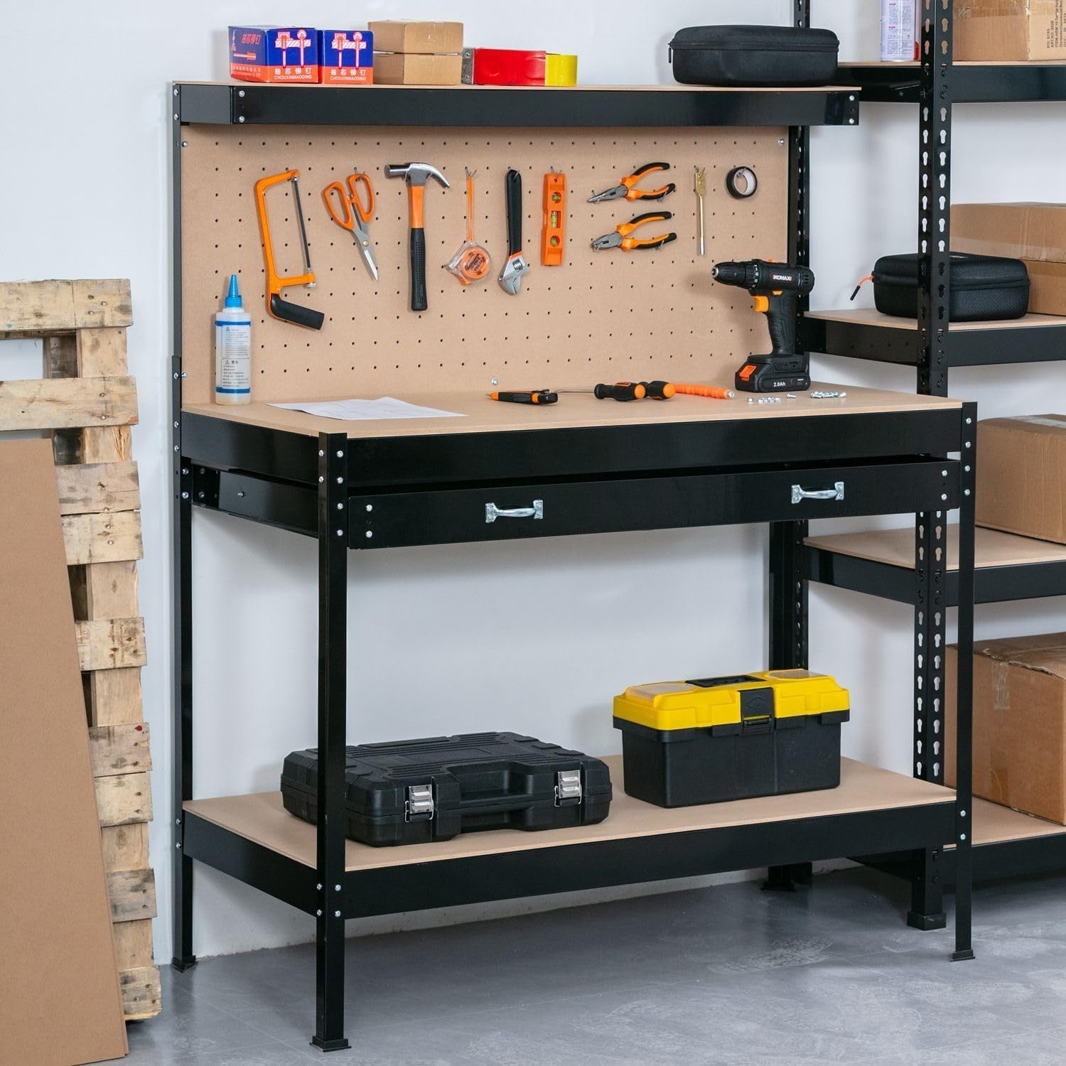 Black Steel Garage Workbench Tool Station w/ Drawer Pegboard Shelf DIY Setup