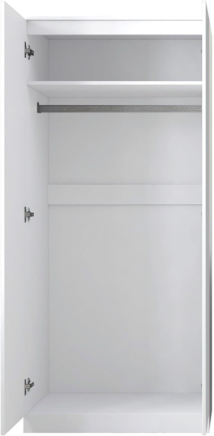 Modern 2 Door White Wardrobe with Soft-Close Hinges & Full Hanging Rail