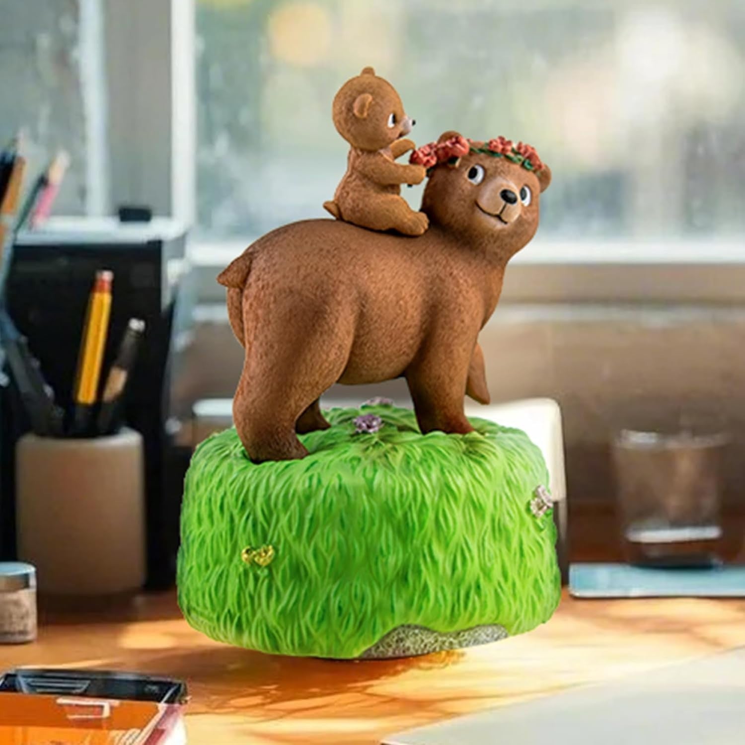 Mother & Daughter Bear Music Box Hand-Painted Vintage Figurine