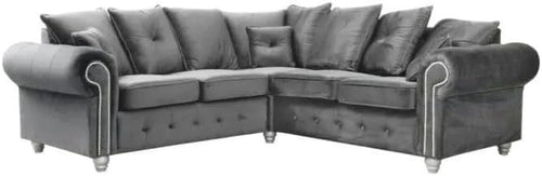 Grey Velvet Corner Sofa 5 Seater – Chesterfield Style Plush L-Shaped Sectional