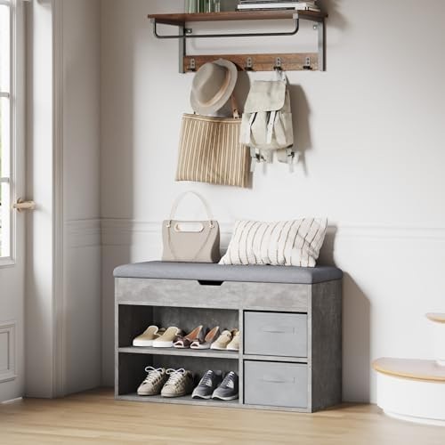 Mondeer Grey Shoe Bench with Storage Drawers & Cushion – Hallway Rack 8 Pairs