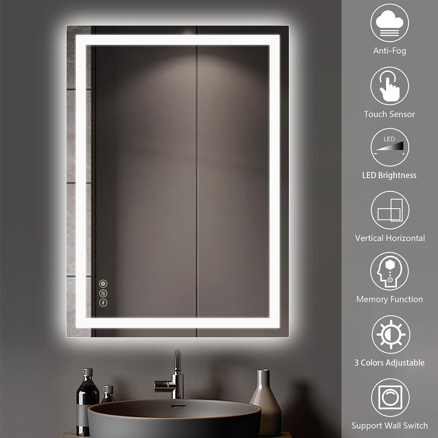 LED Bathroom Mirror 50x70cm Wall Mount Dimmable Light Demister IP44