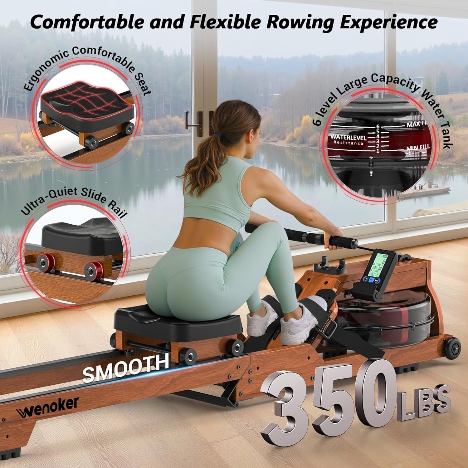 Foldable Wooden Water Rowing Machine LCD Quiet 6-Level Resistance App Home Gym