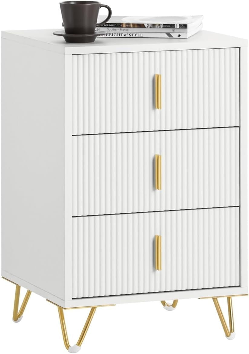 Modern White Bedside Table with 3 Drawers – Gold Legs Bedroom Cabinet
