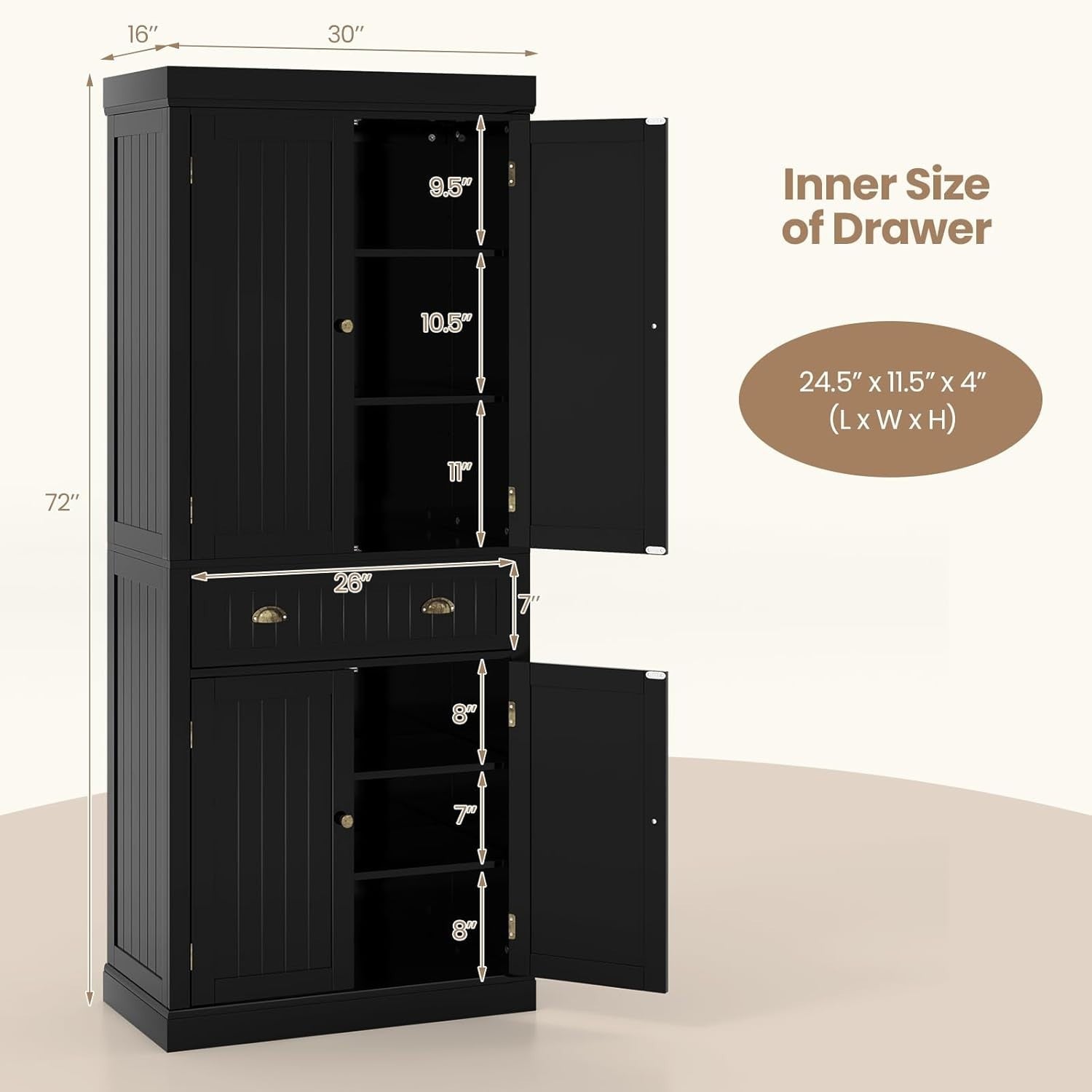 182cm Black Kitchen Pantry Cupboard | 4 Adjustable Shelves & 1 Drawer