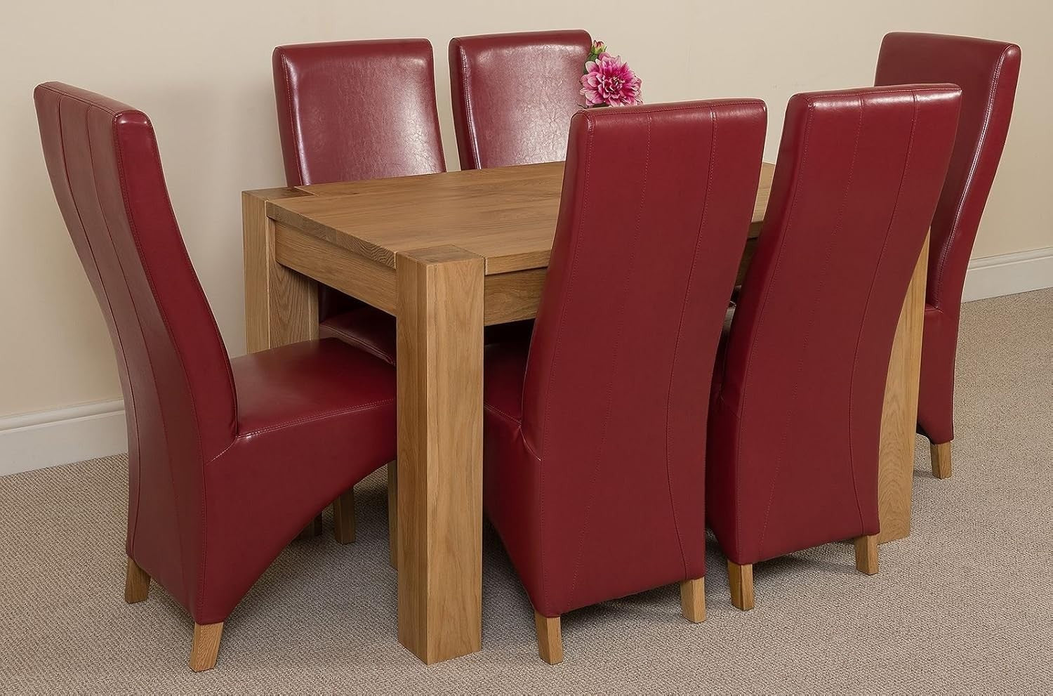 Solid Oak Dining Table & 6 Burgundy Chairs - Compact, Durable & Stylish Set