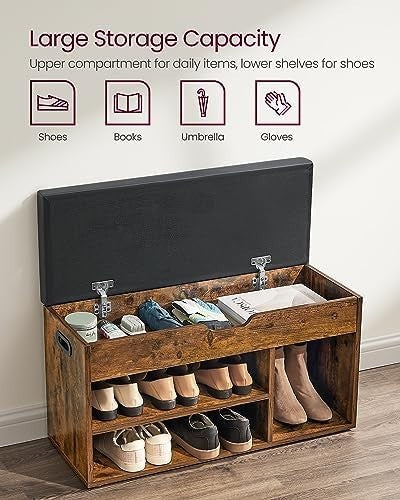 Rustic Brown Shoe Storage Bench with Cushion 3 Compartments Hidden Shelf Seat