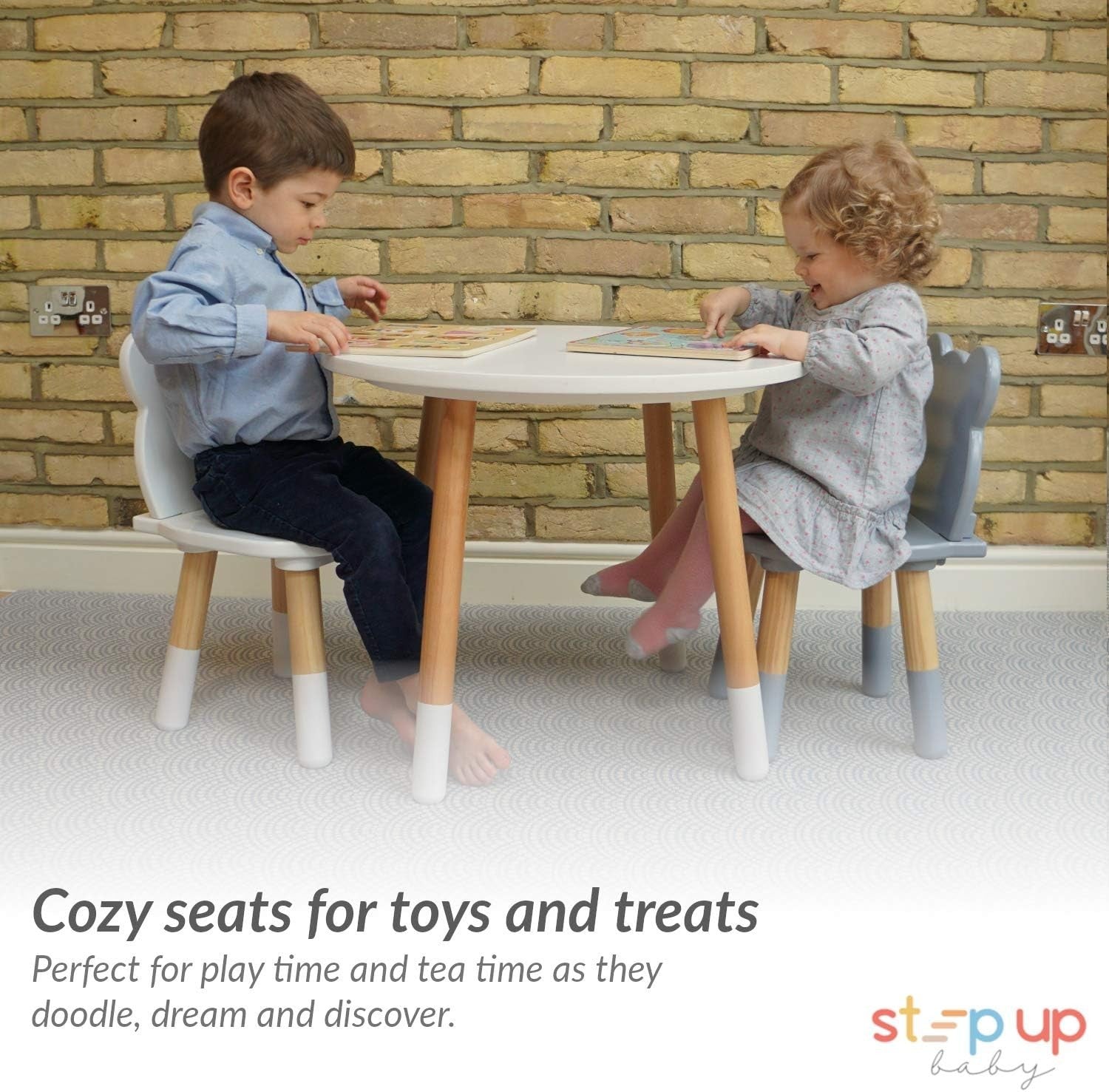 Kids Table and 2 Chairs Set Wooden Toddler Bear Shape Round Play Snack White