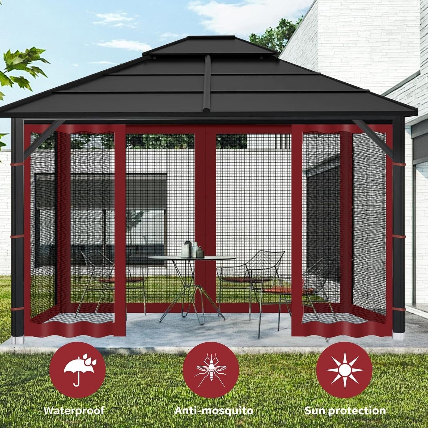 10x10ft Red Gazebo Mosquito Netting 4 Panels Zipper Sidewalls Outdoor