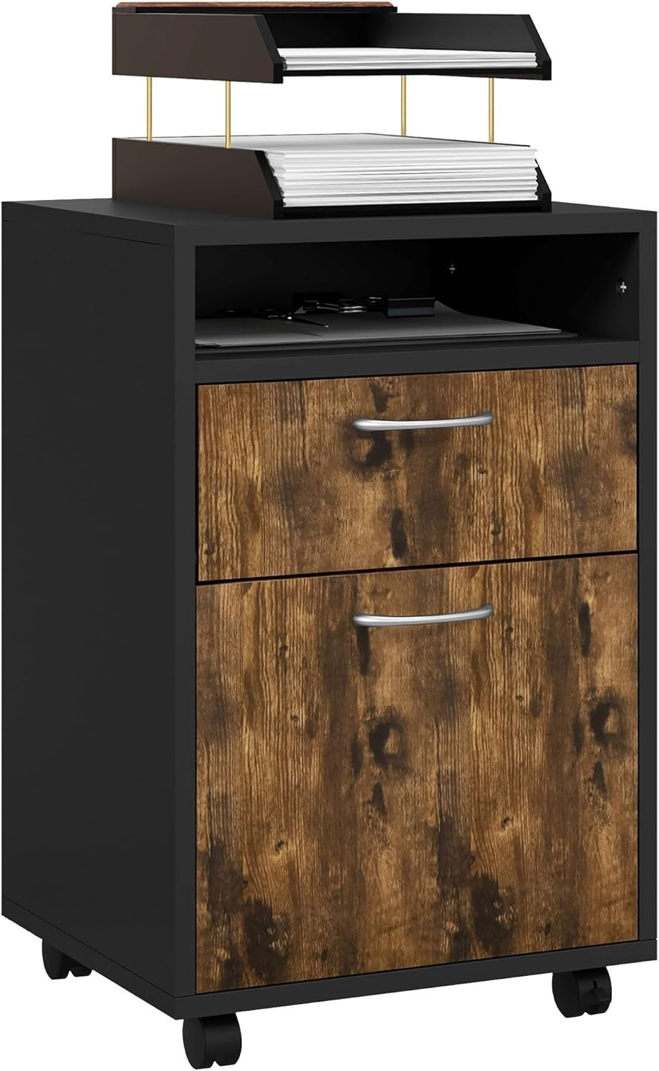 Rustic Brown Mobile Filing Cabinet with Wheels Drawer Storage for Home Office