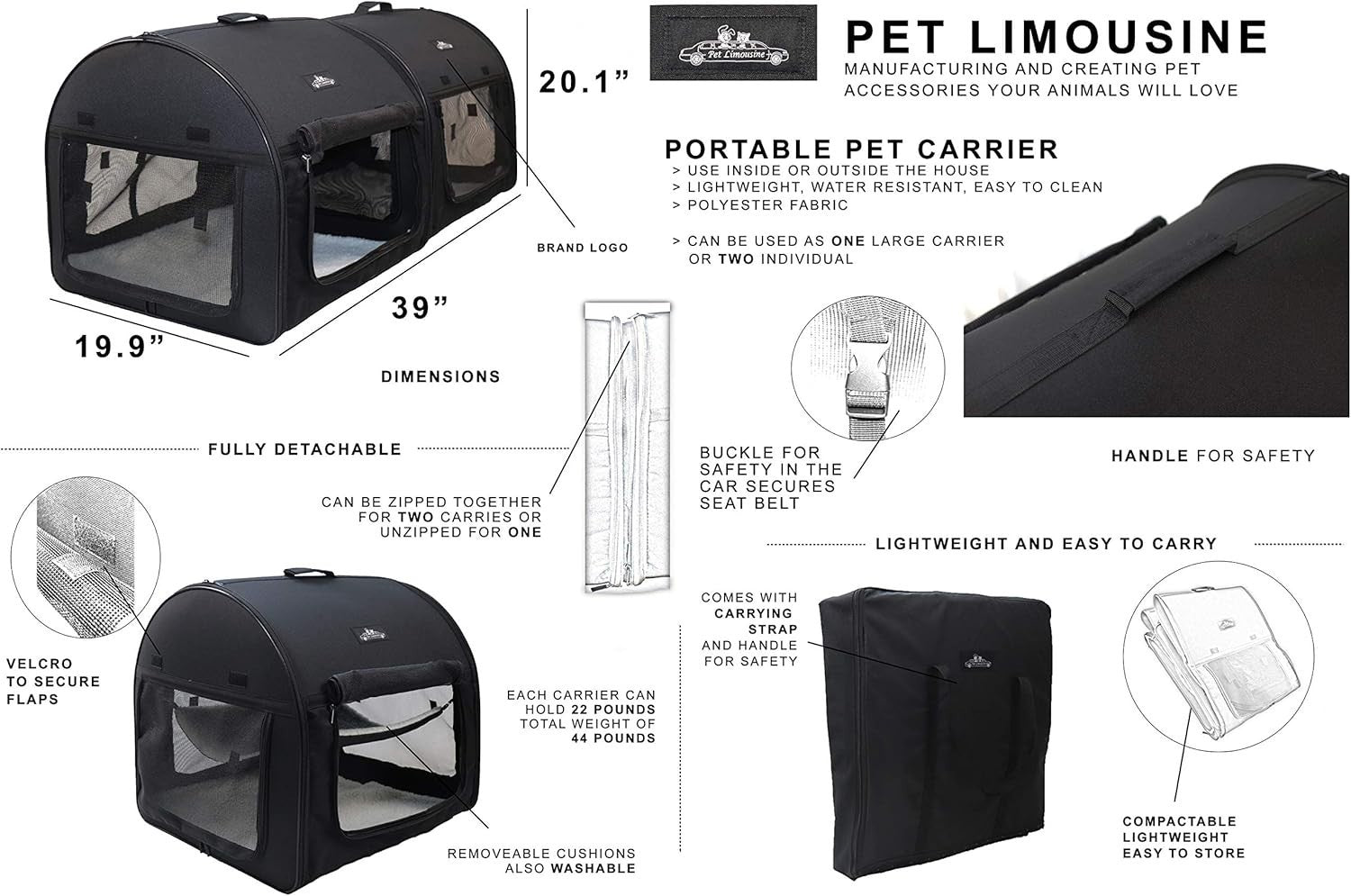 Double Soft Pet Travel Crate 2-in-1 Portable Dog Cat Carrier Foldable Kennel