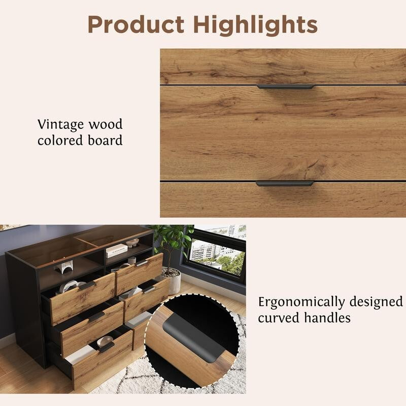 Modern 6 Drawer Sideboard Cabinet with Shelves Oak Chest Storage Unit